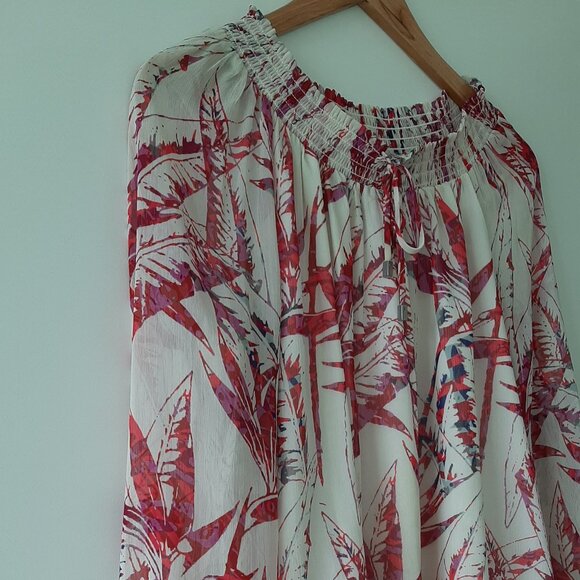 TAHARI - Foliage Print Long Sleeve Blouse - White/Pink - Size Medium - Picture 3 of 6